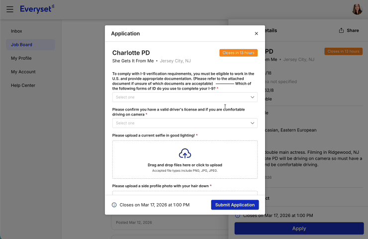 Application modal showing I-9 document type dropdown, photo uploads, and deadline
