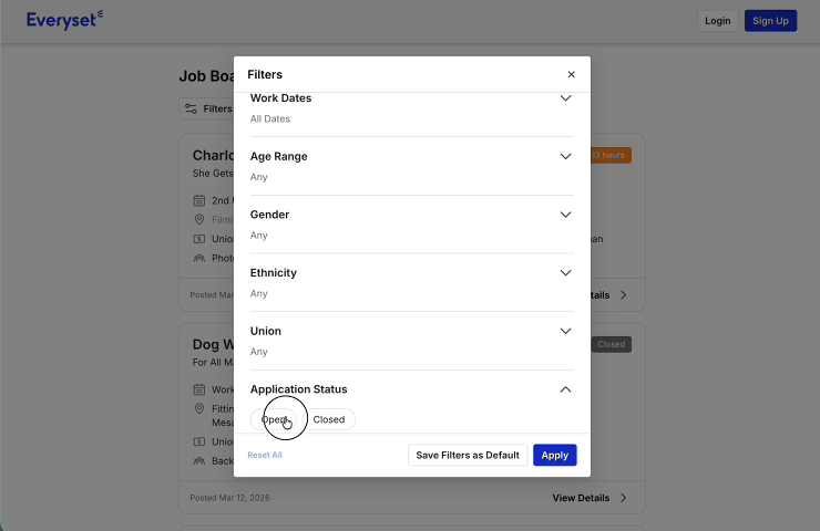 Filters modal showing Work Dates, Age Range, Gender, Ethnicity, Union, and Application Status